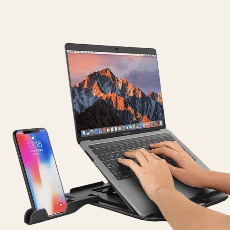 ADJUSTABLE LAPTOP MACBOOK MOBILE STAND WITH 360° ROTATION, COOLING PAD, AND RISER