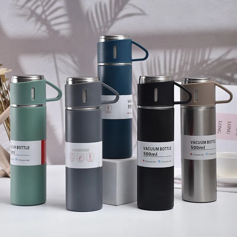 STAINLESS STEEL VACUUM FLASK SET 500ml WITH 3 CUPS