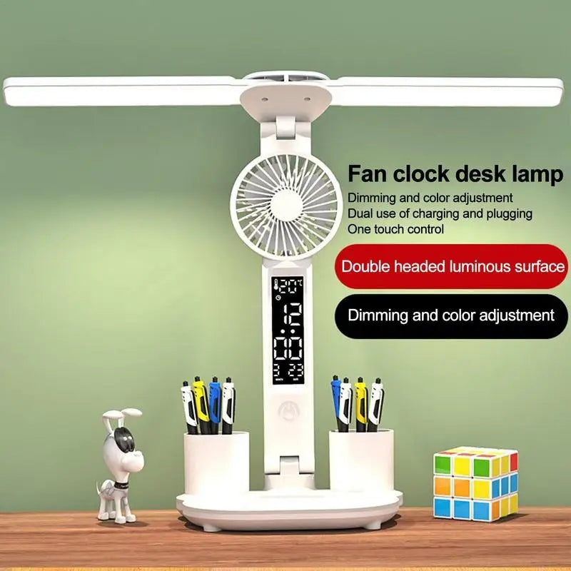 LED DESK LAMP WITH FAN, DIMMABLE TOUCH SCREEN, FOLDABLE TABLE LAMPS, CALENDAR CLOCK, NIGHT LIGHT, USB STUDY READING LIGHT Mahar Store